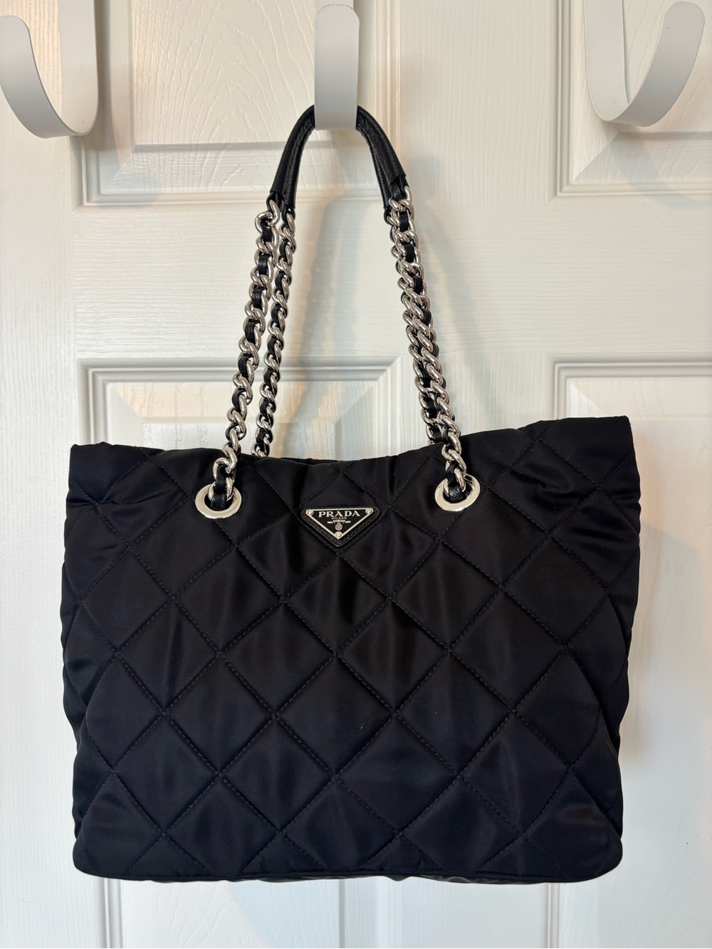 Prada Black Quilted Nylon Tote with Chain-Strap Handles